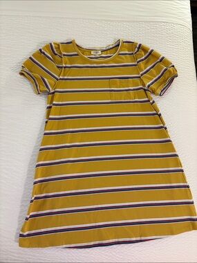 Umgee Women Small Yellow Short Sleeve Striped T-Shirt Dress  W/ Pockets